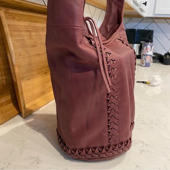 The SAK Skye Leather Boho Bucket Shoulder Bag Tassle Braided Cabernet Red - Picture 9 of 13